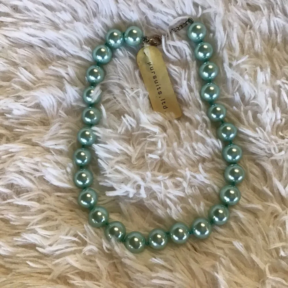 Pursuits Faux Large Teal Blue Green Pearl Necklace Lobster Hand Knot 18” NWT